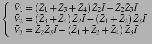 $\displaystyle \left\{ \begin{array}{l}
\bar{V}_{1}=\left(\bar{Z}_{1}+\bar{Z}_{3...
...(\bar{Z}_{1}+\bar{Z}_{2}+\bar{Z}_{4}\right)\bar{Z}_{3}\bar{I}\end{array}\right.$