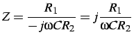 $\displaystyle Z=\frac{R_{1}}{-j\omega CR_{2}}=j\frac{R_{1}}{\omega CR_{2}}$