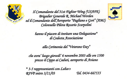 Cartoncino d'invito per il Veteran's Day 2003
