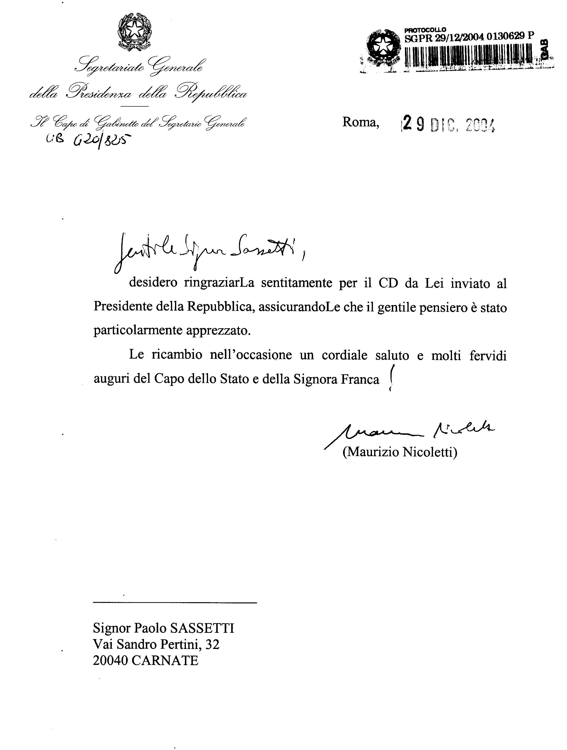 Lettera della Presidenza della Repubblica, clicca sull'immagine
