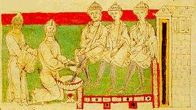 Tommaso di Morienna riceve  i tre pellegrini.