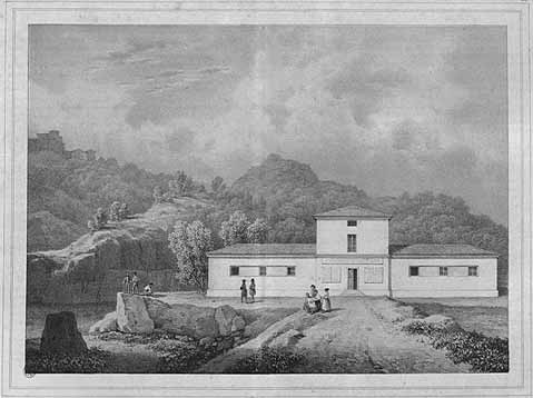 stampa d'epoca del pittore Drugman con il primo stabilimento di Tabiano, circondato da colline