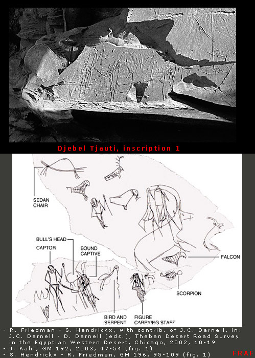 Djebel Tjawty graffito of King Scorpion I (J.C. Darnell - D. Darnell,  1995-96 Annual Report in the Abzu Chicago Oriental Institute page)