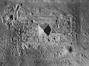 R.A.F. Aerial photograph of Djoser's complex in 1927 (Lauer, La Pyramide a Degrees pl. II.1) Note in this small preview the large 'Dry Moat' surrounding the complex: especially visible are the western and northern wide trenches and also the eastern one (below) which includes the later pyramid of Userkaf