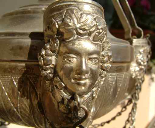 Italian antique silver oil lamp female head wick spout