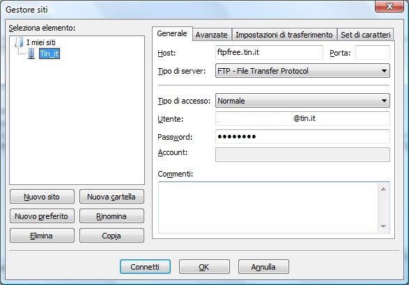 Creare un nuovo Sito FTP in fileZilla, ovvero inserire i dati dell'Host, UserID e password