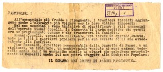 Volantino dei Gap di Parma del mazo 1944 (Archivio Isrec Parma). 