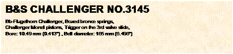 Casella di testo: B&S CHALLENGER NO.3145

Bb-Flugelhorn Challenger, Boxed bronce springs, 
Challenger Monel pistons, Trigger on the 3rd valve slide,
Bore: 10.49 mm (0.413") , Bell diameter: 165 mm (6.496") 

