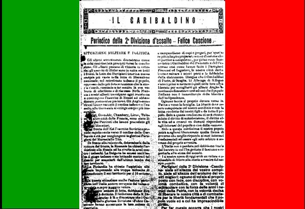 La prima pagina del giornale della divisione Cascione <<Il garibaldino>>, novembre 1944