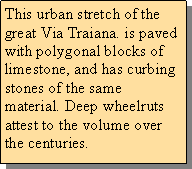 Casella di testo: This urban stretch of the great Via Traiana. is paved with polygonal blocks of limestone, and has curbing stones of the same material. Deep wheelruts attest to the volume over the centuries.
