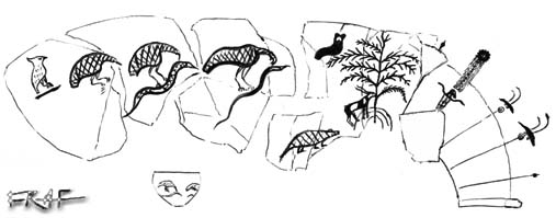 Painting on a bowl from Qustul A-group cemetery L (tomb L23); initially dated to Naqada IIIa, the largest tombs of the cemetery (also L11, L24, L19) must instead date Naqada IIIb, thus Dynasty 0. (Drawing by F. Raffaele after B. Williams, 1986 pl. 84-85)