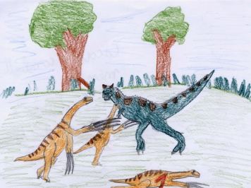 Cornotauro che attacca dei therizinosauri. (Nerone Lo Storico)