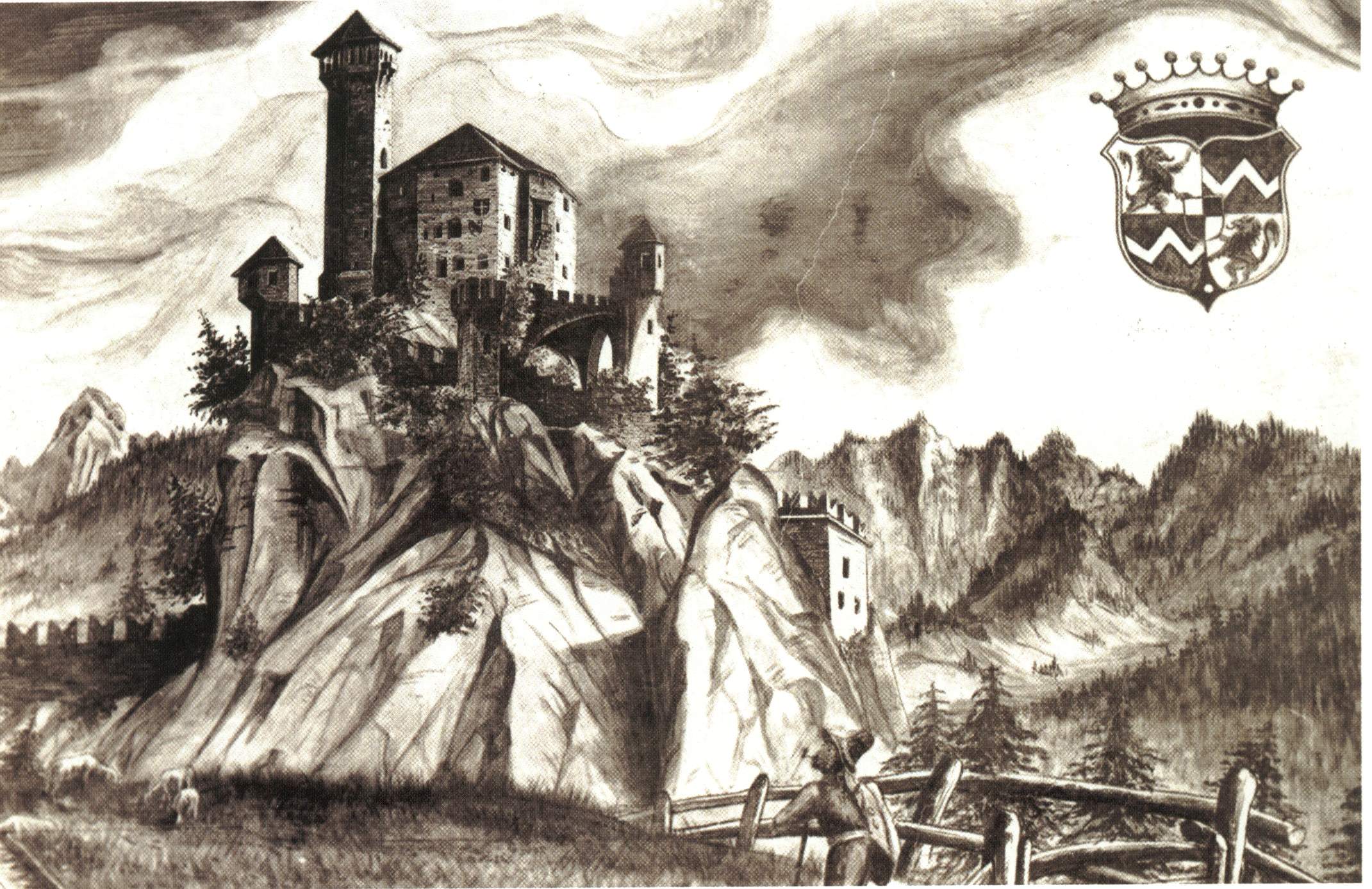 il Castel Pietra ieri con in alto a destra il simbolo dei Welsperg