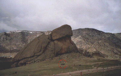 David riding a horse (in the red circle) close to Turtle Rock