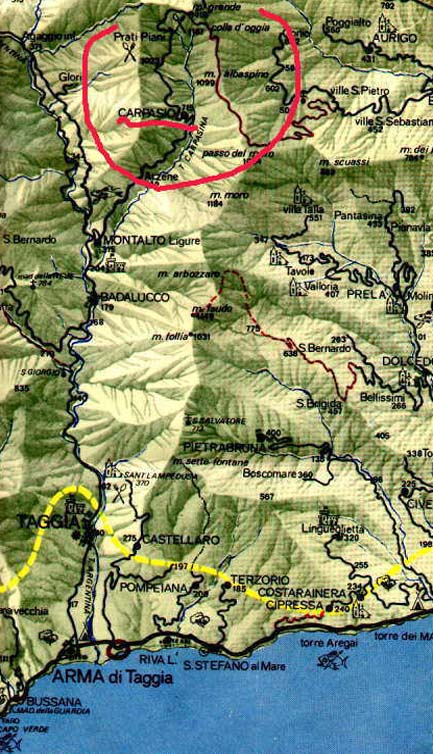 La displuviale orientale della media e bassa Valle Argentina. Cerchiata in rosso, la zona di Carpasio, alle falde del Monte Grande.